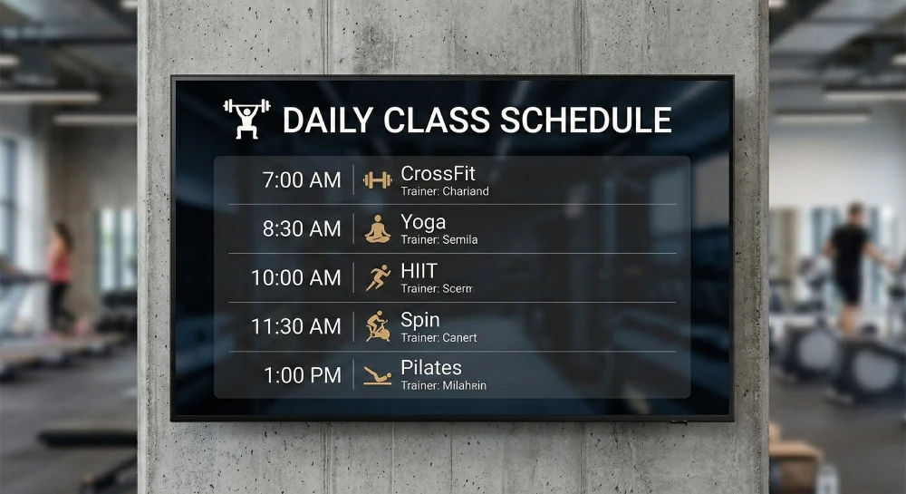 Fitness center with digital schedule board