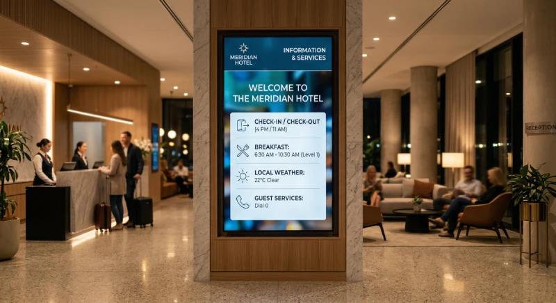 Hotel lobby with digital information display