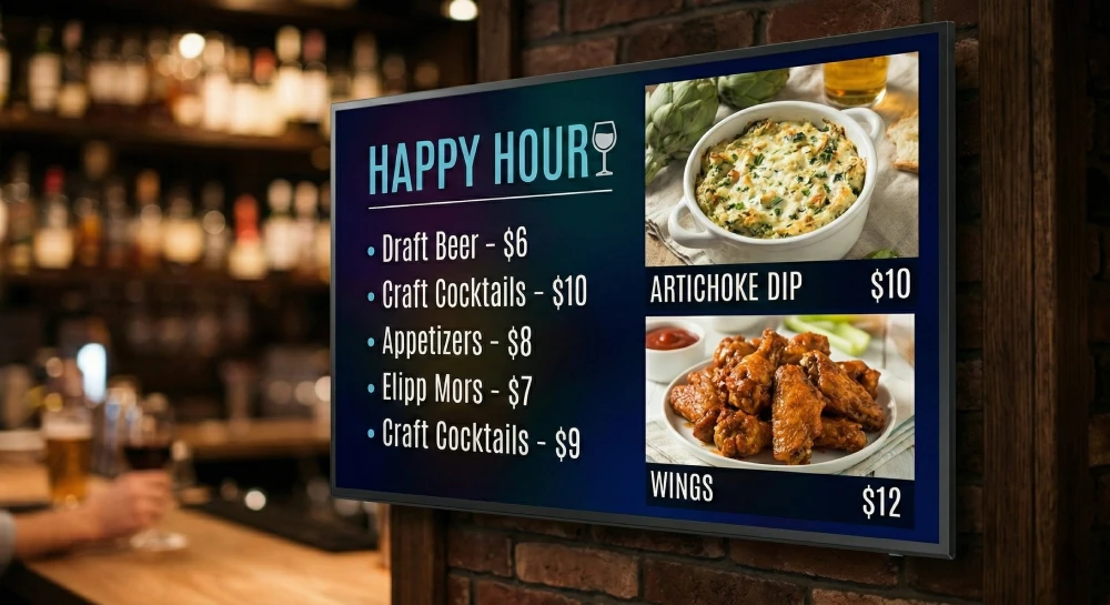 Restaurant interior with digital menu boards